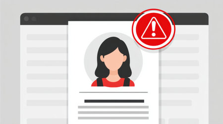 Warning badge alerts viewers about the presence of a fake online profile.の素材