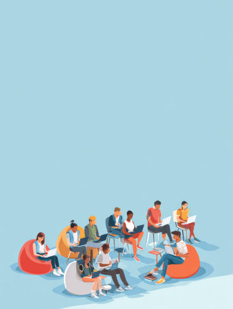 Students from various backgrounds collaborated in a digital learning setting, immersed in their devices and contributing to a shared educational experience.の素材