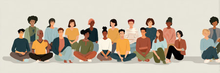 A diverse group of students engages in online learning activities, showing different backgrounds and styles in a digital space.の素材