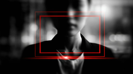 A warning alert for fake online profiles is prominently displayed with a central focus on a blurred silhouette, emphasizing risks in digital interactions.の素材