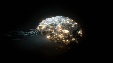 A complex structure resembling a brain is formed by tangled wires and glowing LEDs, illuminated softly in a dark environment with minimal distractions.の素材