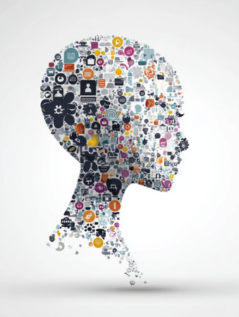 A digital avatar head made of intelligence icons, showing the blend of technology and thought in modern design.の素材