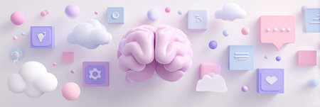 A brain surrounded by floating thought bubbles and icons illustrates the relationship between thoughts and creativity, set against a minimal pastel backdrop.の素材