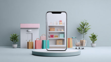Floating digital ad showcases a modern online shopping experience featuring colorful items and organized displays in a sleek, minimalist background.の素材