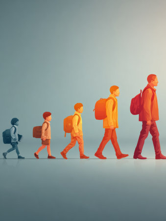 Smooth minimal backdrop illustrates an abstract evolution timeline showing progression from a child to a scholar carrying backpacks.の素材