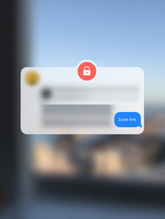 An encrypted chat window shows a highlighted scam link while the background fades into a sunny city view, illustrating potential online security threats.の素材