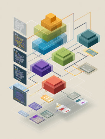 Flowchart showcases a coding process with colorful blocks arranged on a smart screen, highlighting various stages in a well-organized workspace.の素材