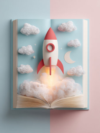A vibrant 3D paper rocket is soaring out of an open notebook, surrounded by fluffy clouds and a crescent moon on a soft pastel background.の素材