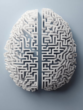 Intricate brain-shaped labyrinth offers a unique path with a blank exit while the upper zone remains open, inviting cognitive exploration and engagement.の素材