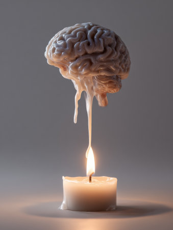 A candle melts slowly into a brain shape, with a gentle glow illuminating the left side, creating a calming atmosphere and inviting relaxation.の素材