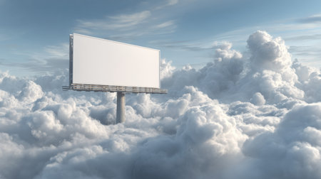 A surreal floating billboard hovers above a sea of clouds, showcasing a vast empty space ideal for future advertising or messaging opportunities.の素材