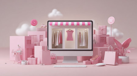 An e-commerce advertisement hovers above a stylish online shopping setup, showcasing a clean layout with pastel items and chic shopping bags.の素材