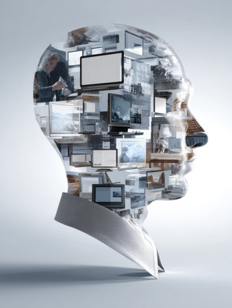 Multitasking screens depict a conceptual head design, showing the complexity of thoughts and activities in todays tech-driven work environment.の素材