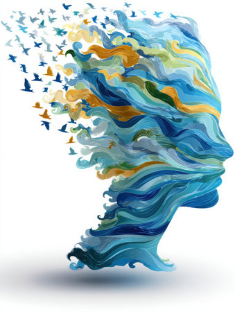 Ideas pour from the head, morphing into colorful birds that represent hope, while the top space remains open and inviting for further thoughts.の素材