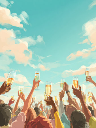 Cheerful crowd rises glasses in celebration under a bright blue sky, showcasing unity and joy during an outdoor event on a sunny day.の素材