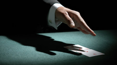 A skilled card dealers hand reaches toward playing cards on a green felt table, cast in shadows, highlighting tension and anticipation in a dimly lit casino.の素材
