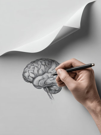 An intricate hand drawing of a brain is being crafted on curling paper, emphasizing the connection between art and intellect in a creative workspace.の素材