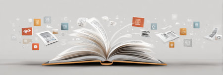 E-textbooks are open with embedded media icons floating around, representing interactive learning tools in a contemporary setting that embraces technology.の素材