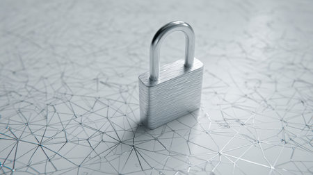A broken padlock sits on a light network wireframe background, conveying a strong message about security vulnerabilities in digital connections.の素材