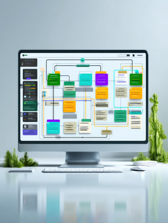 A flowchart on a smart screen outlines various coding processes with vibrant blocks arranged strategically, set in a neat workspace environment.の素材