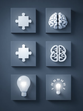 Grid of abstract intelligence icons puzzle piece, brain, and lightbulb, on a dark background, highlighting creativity and thought.の素材