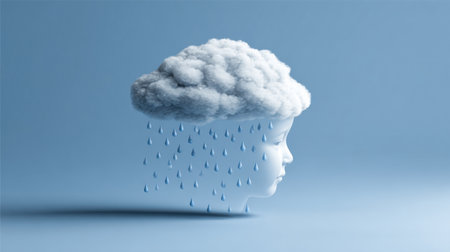 A child stands in a tranquil blue backdrop, gazing up at a cloud resembling a brain, which is releasing raindrops representing knowledge, evoking curiosity.の素材