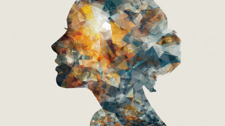 Intricate patterns of a kaleidoscope fill the silhouette of a head, representing the complexity of thought and creativity in a visually captivating manner.の素材