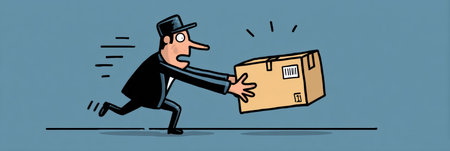 A cartoon con artist in a black suit excitedly hands over a fake product box while running against a blue backdrop.の素材