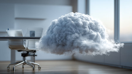 A fluffy cloud resembling a brain hovers above a sleek office desk during daylight, adding a surreal touch to the workspace environment.の素材