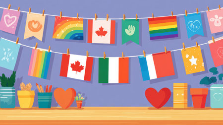 Colorful bulletin board displays various flags and graphics celebrating heritage months and disability awareness, creating an inclusive atmosphere for all.の素材