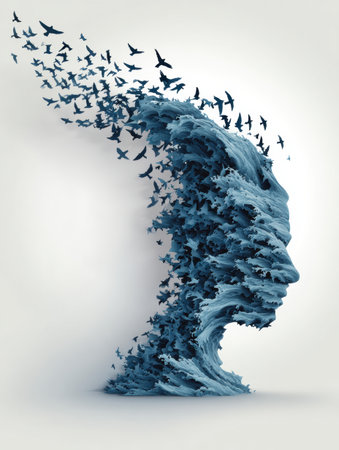 Abstract waves emanate from a human head, transitioning into a flock of birds that represent hope, against a blank upper section offering space for imagination.の素材