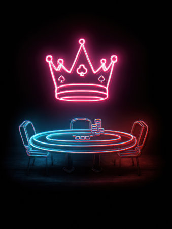 A colorful neon crown shines above a poker table surrounded by empty chairs, creating a lively yet tranquil atmosphere in a dark gambling room.の素材
