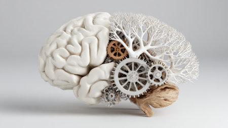 A 3D depiction showcases a brain with one half made of mechanical gears and the other half organic, highlighting the contrast between technology and nature.の素材