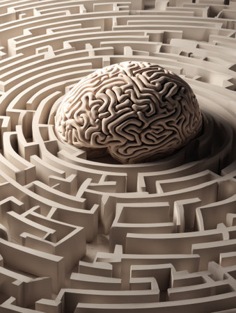 Experience the complexity of a brain-shaped labyrinth where the path is clearly visible at the top left, inviting exploration and mental engagement.の素材