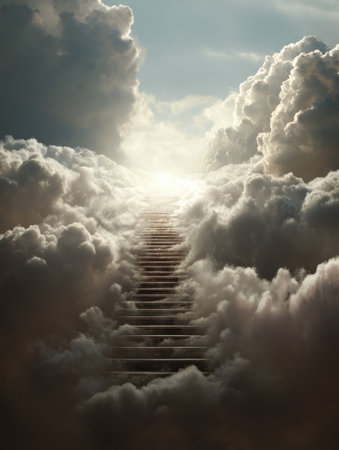 Stairs ascend through soft clouds leading towards a radiant light, representing a metaphor for personal growth and the pursuit of enlightenment.の素材