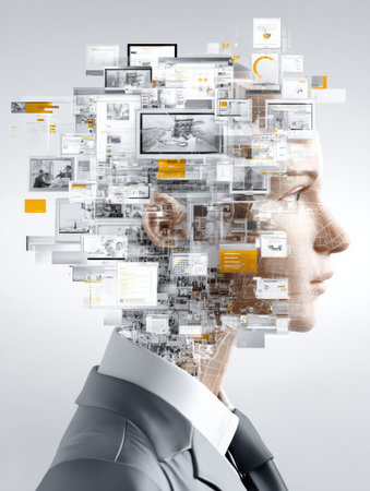A detailed human head made of multitasking screens shows the challenges of information overload, while the side is blank.の素材