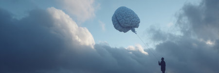 A brain-shaped balloon drifts gracefully in a cloudy sky, while a silhouetted figure holds the string, embodying curiosity and creativity during twilight.の素材