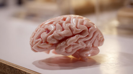 A detailed 3D printed brain model is placed on a table, highlighting its realistic textures and shapes in a focused area of the surface.の素材