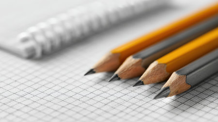 Cleanly lined notes on graph paper are accompanied by neatly arranged pencils in a study setting, creating an organized and focused workspace.の素材
