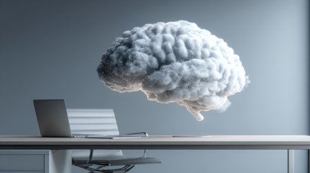 A brain-shaped cloud hovers in the air above a sleek desk, with a clear upper left section showing a creative workspace environment.の素材
