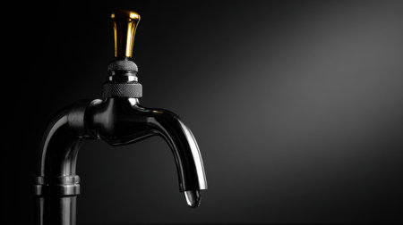 Black and white silhouette showcases a beer tap featuring a striking golden element, set against a minimalist dark backdrop in a bar atmosphere.の素材