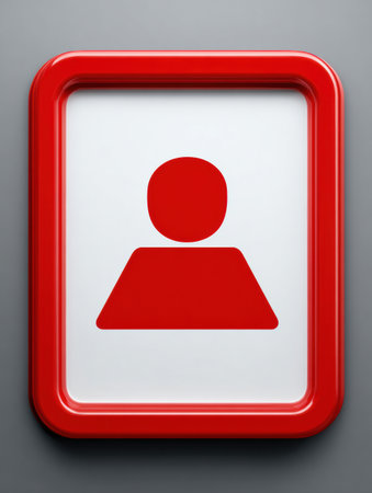 Red warning badge highlights a fake online profile, centering on a simplistic user silhouette against a neutral background, suggesting caution.の素材