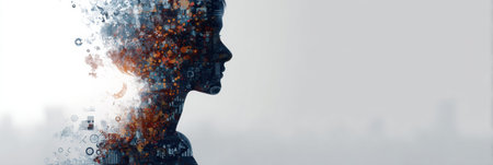 A head silhouette symbolizes AI, highlighting vibrant creativity symbols against a minimalist backdrop that showcases innovation and imagination.の素材