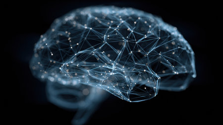 Close-up view of a brain topology map showcasing connections and patterns, set against a dark backdrop with left space designated for additional text.の素材