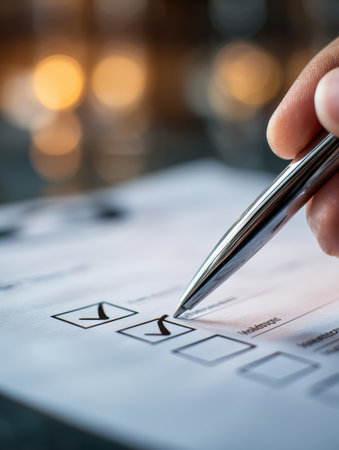 A checklist is being marked with a pen, demonstrating focus and attention to detail in a softly blurred environment filled with warm lighting.の素材