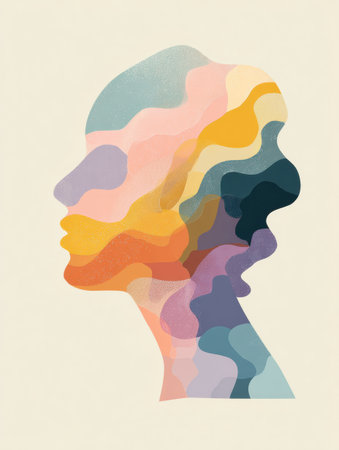 Abstract waveforms in soft pastel colors flow from the outline of an open head, creating a dreamy and whimsical visual effect against a plain backdrop.の素材