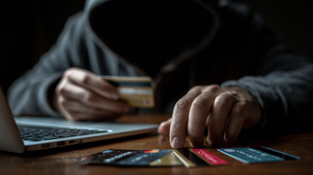 Individual wearing a hooded sweatshirt sits at a desk, focused on the laptop while manipulating stolen credit cards in a darkened room.の素材