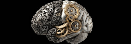 A half mechanical, half organic brain features intricate gears on one side and clarity on the other, symbolizing tech and natures blend.の素材