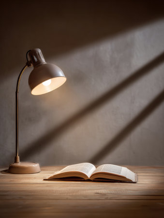 A desk lamp emits warm light over an open textbook, casting soft shadows on a wooden surface, enhancing the study atmosphere during the evening.の素材