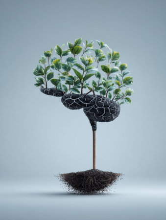A visual depicts brain seeds sprouting into plants, symbolizing the growth of ideas on a blank canvas that highlights creativity.の素材